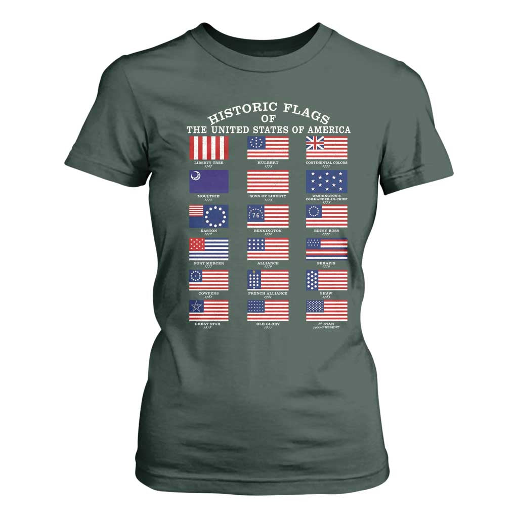 Historic Flags of The United States of America T Shirt For Women US History 4th of July TS11 Dark Forest Green Print Your Wear