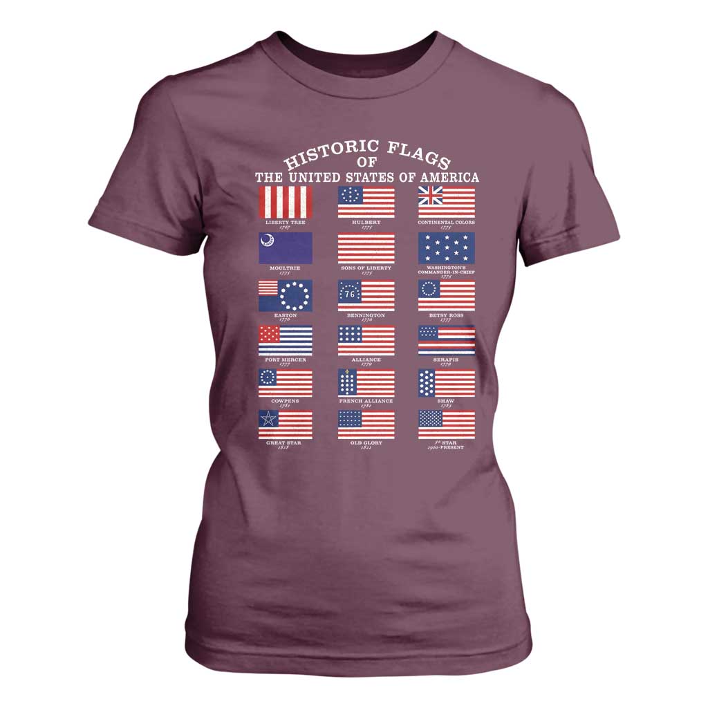 Historic Flags of The United States of America T Shirt For Women US History 4th of July TS11 Maroon Print Your Wear
