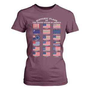 Historic Flags of The United States of America T Shirt For Women US History 4th of July TS11 Maroon Print Your Wear