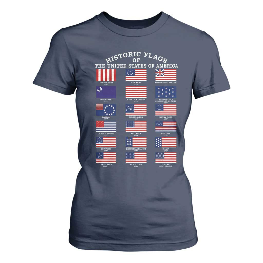 Historic Flags of The United States of America T Shirt For Women US History 4th of July TS11 Navy Print Your Wear