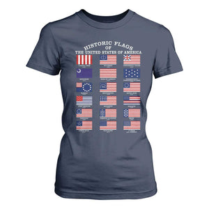 Historic Flags of The United States of America T Shirt For Women US History 4th of July TS11 Navy Print Your Wear