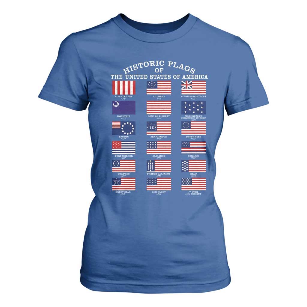 Historic Flags of The United States of America T Shirt For Women US History 4th of July TS11 Royal Blue Print Your Wear