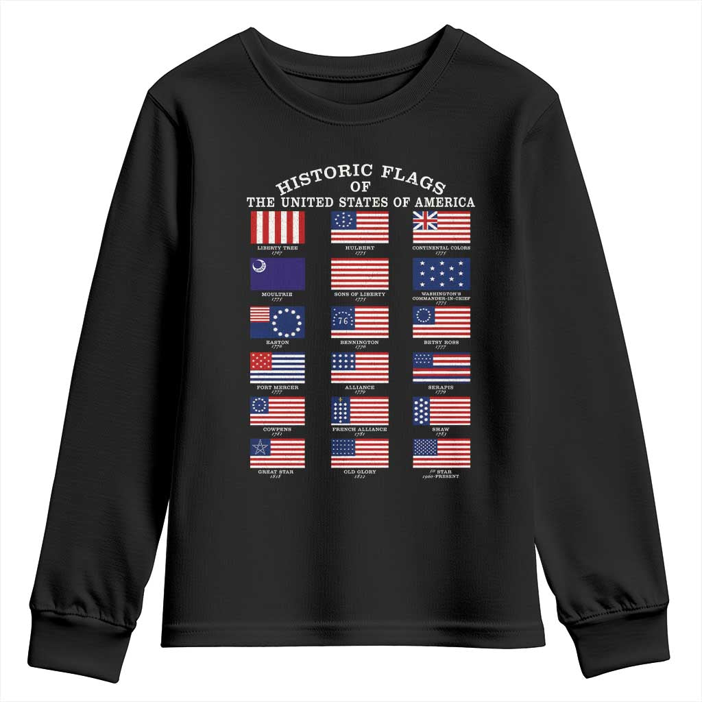 Historic Flags of The United States of America Youth Sweatshirt US History 4th of July TS11 Black Print Your Wear