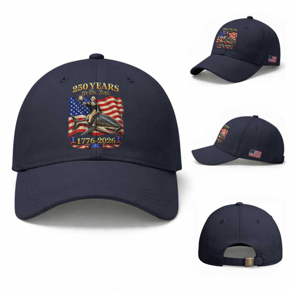 250 Years George Washington Riding Shark Baseball Cap Funny July 4th American Flag 1776 2026
