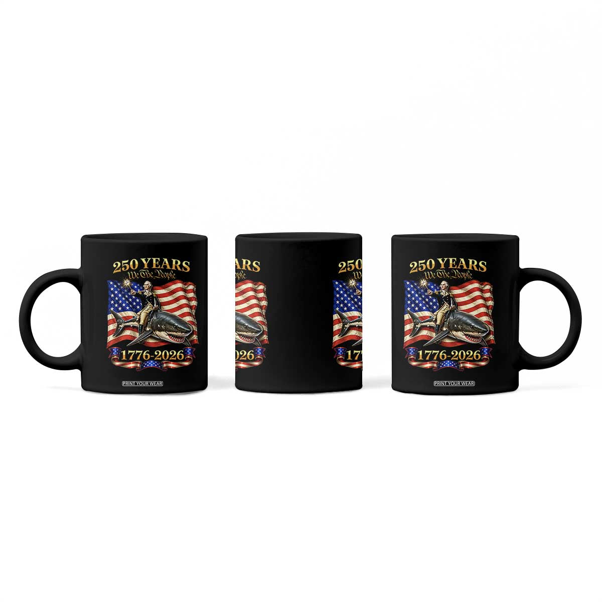 250 Years George Washington Riding Shark Coffee Mug Funny July 4th American Flag 1776 2026