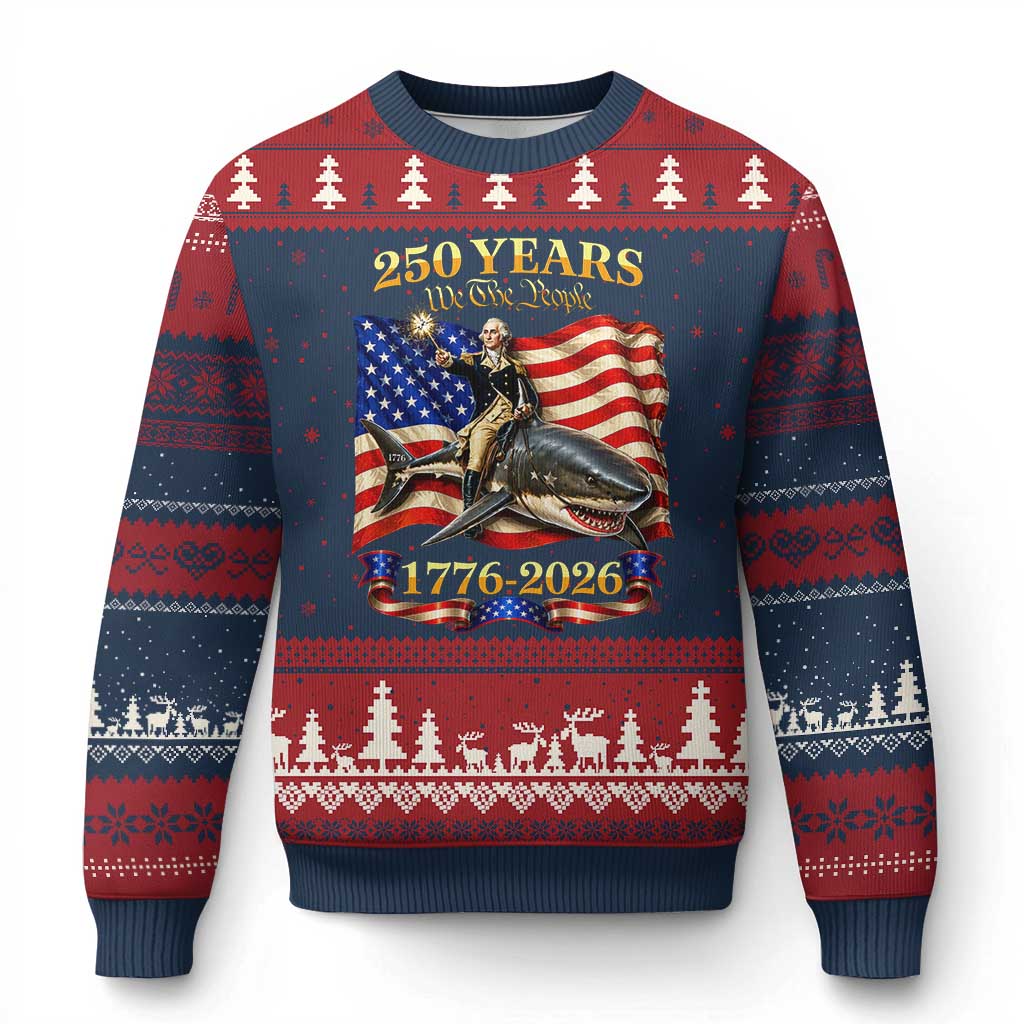 250 Years George Washington Riding Shark Ugly Christmas Sweater Funny July 4th American Flag 1776 2026 TS11 Navy Red Print Your Wear