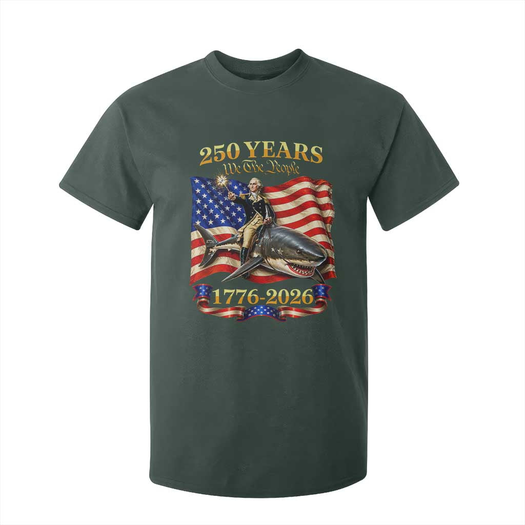 250 Years George Washington Riding Shark T Shirt For Kid Funny July 4th American Flag 1776 2026 TS11 Dark Forest Green Print Your Wear