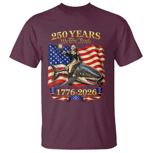 250 Years George Washington Riding Shark T Shirt Funny July 4th American Flag 1776 2026