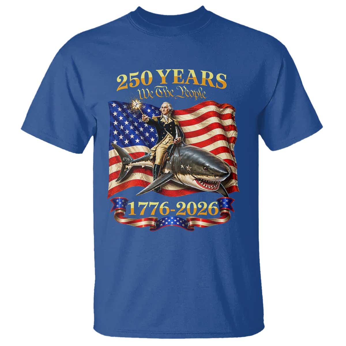 250 Years George Washington Riding Shark T Shirt Funny July 4th American Flag 1776 2026