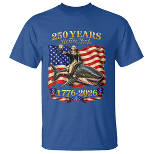 250 Years George Washington Riding Shark T Shirt Funny July 4th American Flag 1776 2026