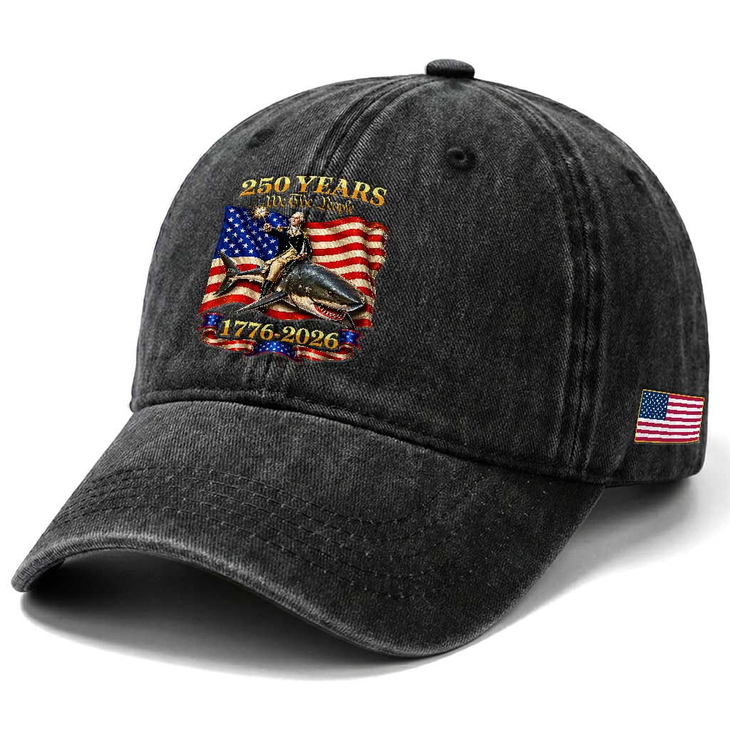 250 Years George Washington Riding Shark Washed Cotton Baseball Cap Funny July 4th American Flag 1776 2026