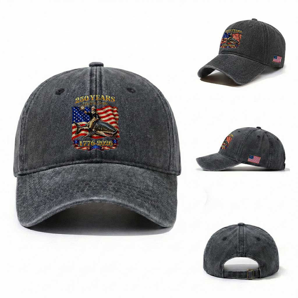 250 Years George Washington Riding Shark Washed Cotton Baseball Cap Funny July 4th American Flag 1776 2026