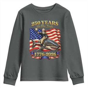 250 Years George Washington Riding Shark Youth Sweatshirt Funny July 4th American Flag 1776 2026 TS11 Dark Heather Print Your Wear