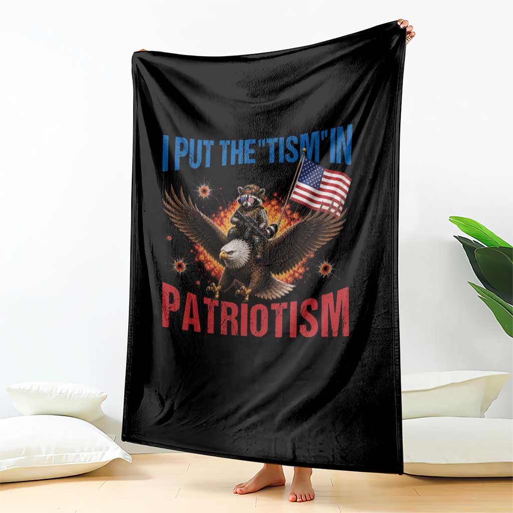 I Put The Tism In Patriotism Throw Blanket Raccoon Bald Eagle 4th of July USA