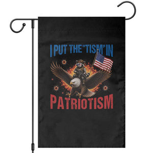 I Put The Tism In Patriotism Garden Flag Raccoon Bald Eagle 4th of July USA