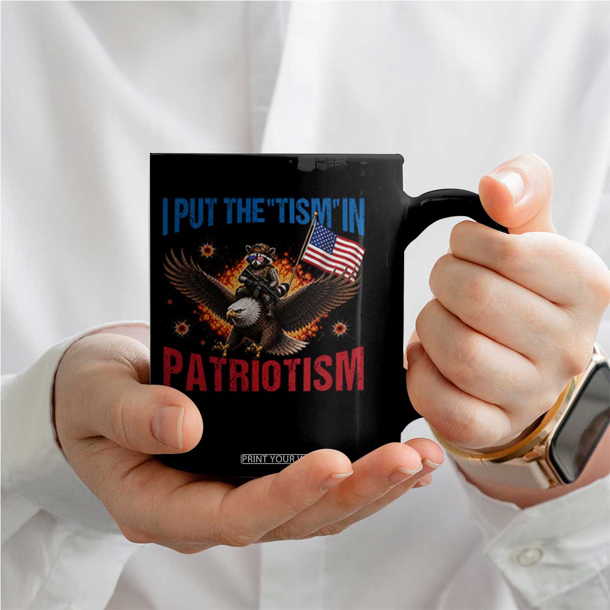 I Put The Tism In Patriotism Coffee Mug Raccoon Bald Eagle 4th of July USA