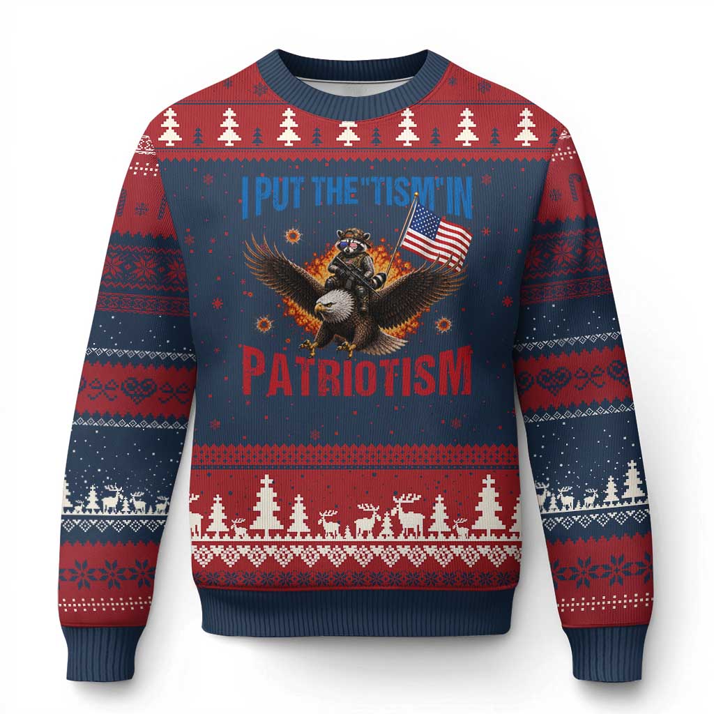 I Put The Tism In Patriotism Ugly Christmas Sweater Raccoon Bald Eagle 4th of July USA TS11 Navy Red Print Your Wear