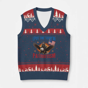 I Put The Tism In Patriotism V-Neck Knit Sweater Vest Raccoon Bald Eagle 4th of July USA