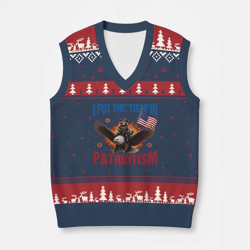 I Put The Tism In Patriotism V-Neck Knit Sweater Vest Raccoon Bald Eagle 4th of July USA TS11 Navy Red Print Your Wear