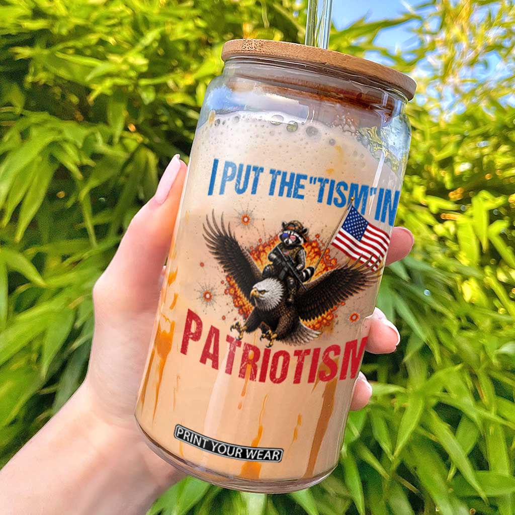 I Put The Tism In Patriotism Glass Can Raccoon Bald Eagle 4th of July USA