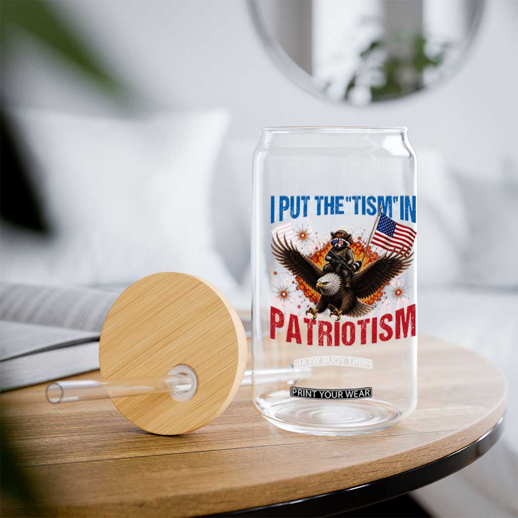 I Put The Tism In Patriotism Glass Can Raccoon Bald Eagle 4th of July USA