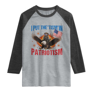 I Put The Tism In Patriotism Raglan Shirt Raccoon Bald Eagle 4th of July USA