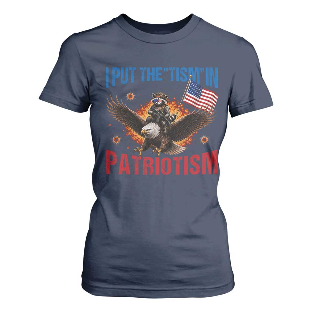 I Put The Tism In Patriotism T Shirt For Women Raccoon Bald Eagle 4th of July USA