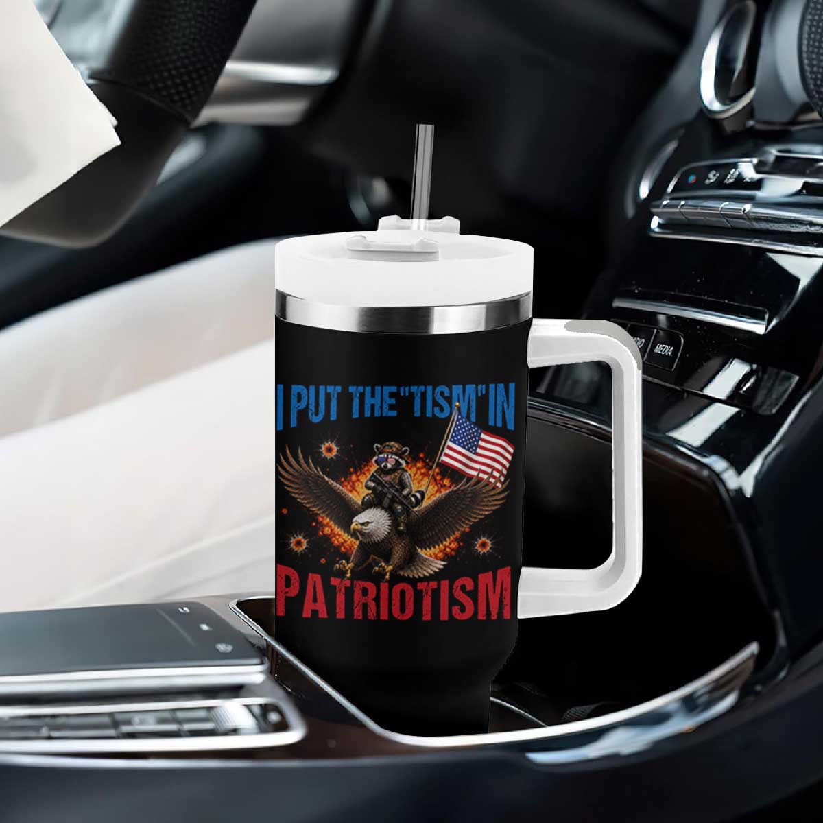 I Put The Tism In Patriotism Tumbler With Handle Raccoon Bald Eagle 4th of July USA