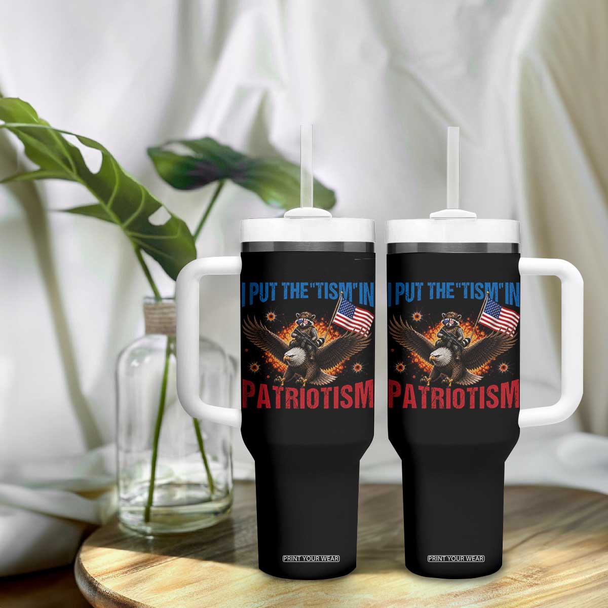 I Put The Tism In Patriotism Tumbler With Handle Raccoon Bald Eagle 4th of July USA