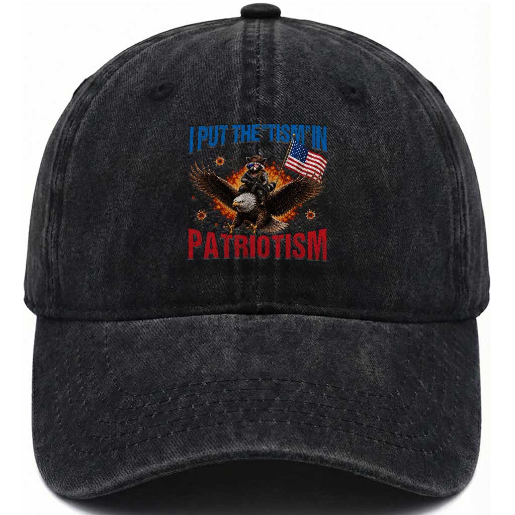 I Put The Tism In Patriotism Washed Cotton Baseball Cap Raccoon Bald Eagle 4th of July USA TS11 Print Your Wear