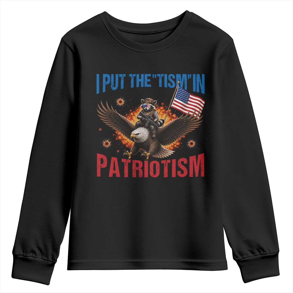 I Put The Tism In Patriotism Youth Sweatshirt Raccoon Bald Eagle 4th of July USA TS11 Black Print Your Wear