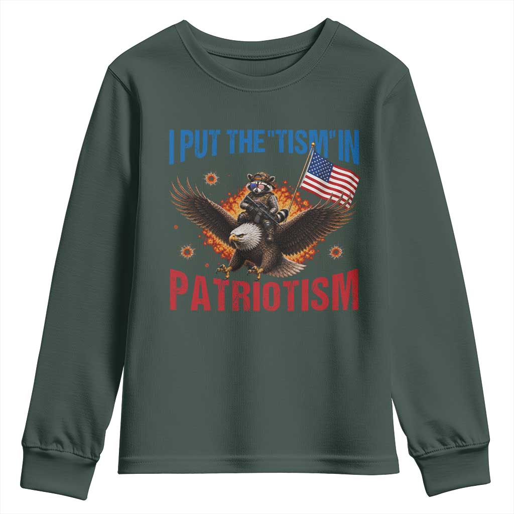 I Put The Tism In Patriotism Youth Sweatshirt Raccoon Bald Eagle 4th of July USA