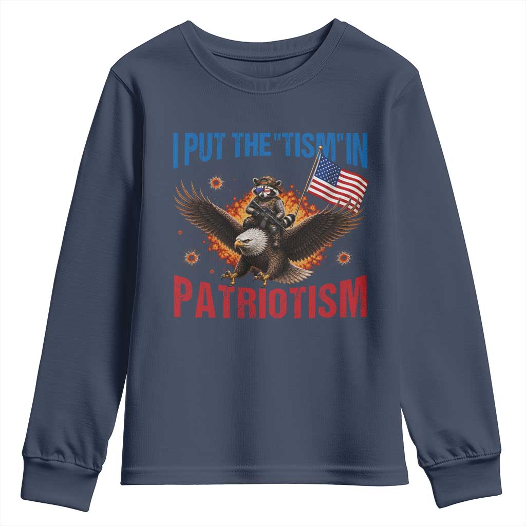 I Put The Tism In Patriotism Youth Sweatshirt Raccoon Bald Eagle 4th of July USA