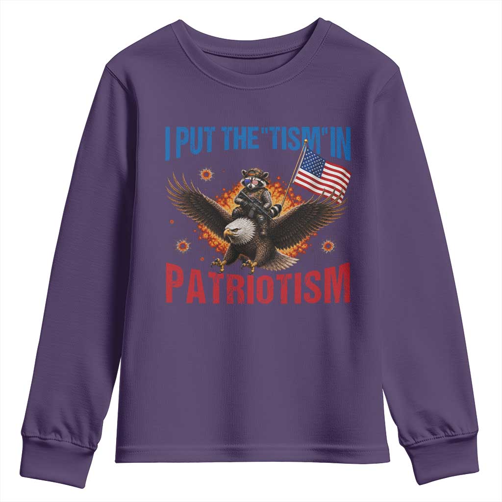I Put The Tism In Patriotism Youth Sweatshirt Raccoon Bald Eagle 4th of July USA
