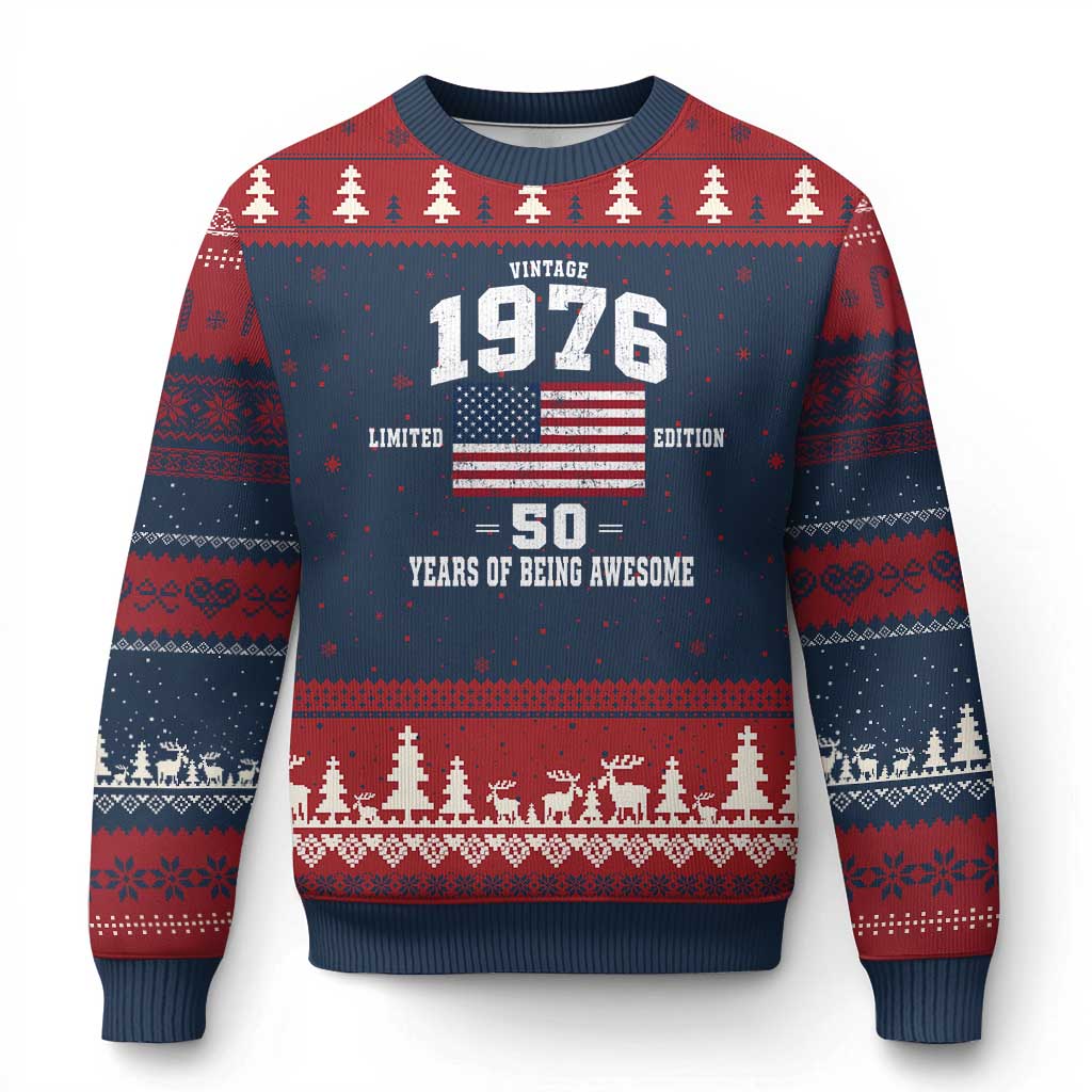 50th Birthday Ugly Christmas Sweater Vintage 1976 Limited Edition 50 Years Of Being Awesome USA Flag TS11 Navy Red Print Your Wear