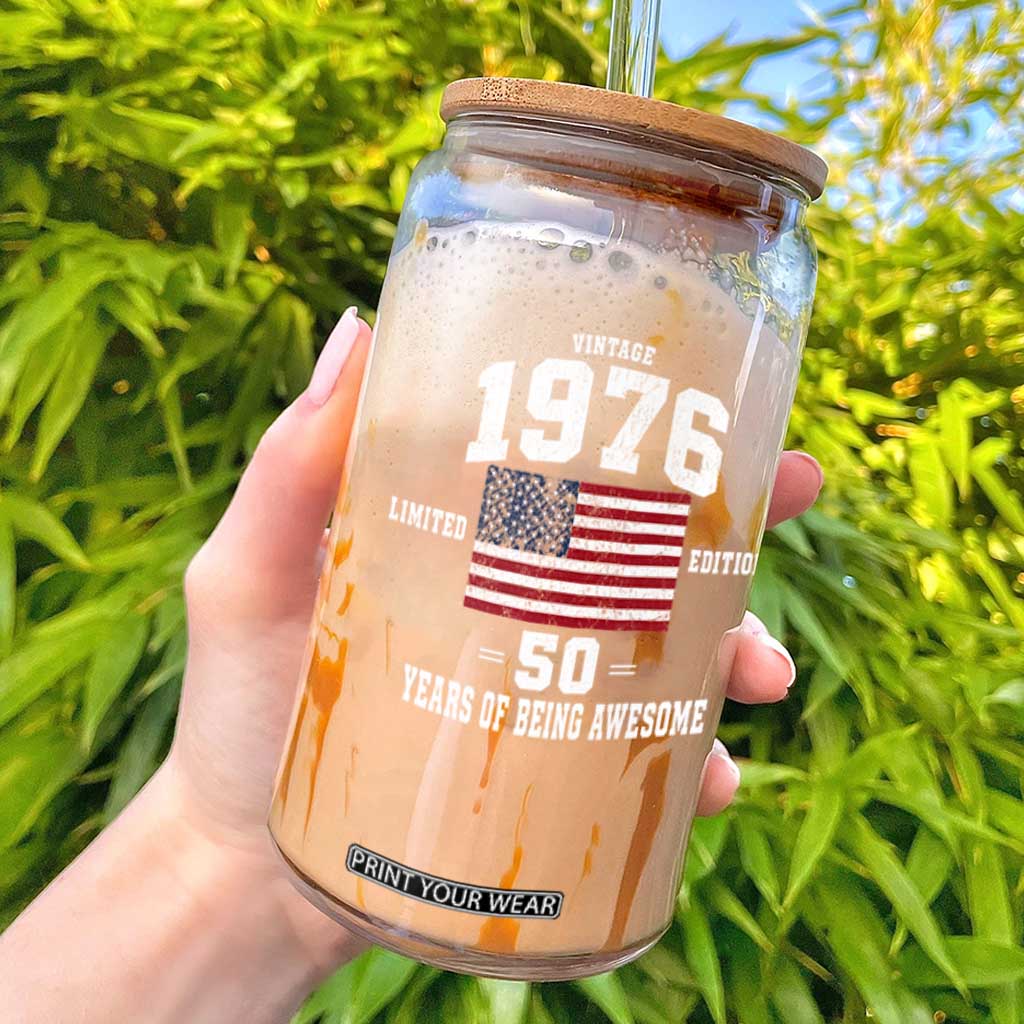50th Birthday Glass Can Vintage 1976 Limited Edition 50 Years Of Being Awesome USA Flag