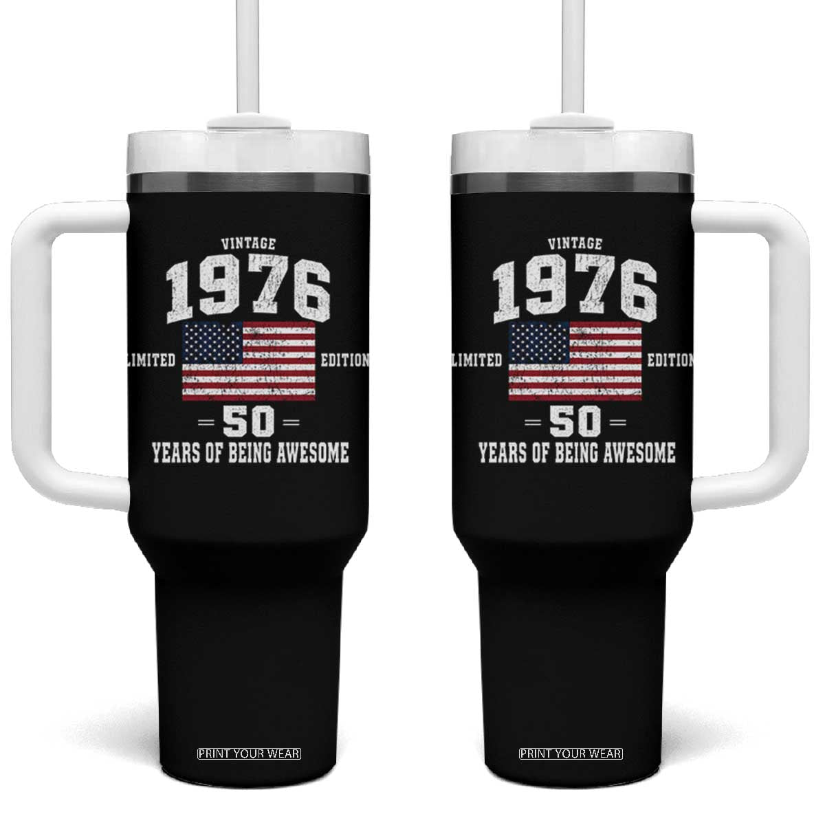 50th Birthday Tumbler With Handle Vintage 1976 Limited Edition 50 Years Of Being Awesome USA Flag