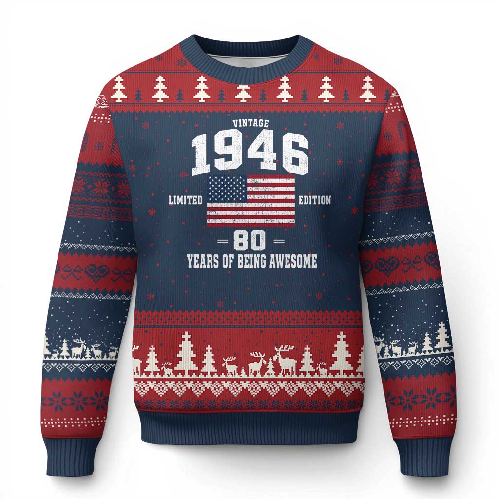 80th Birthday Ugly Christmas Sweater Vintage 1946 Limited Edition 80 Years Of Being Awesome USA Flag
