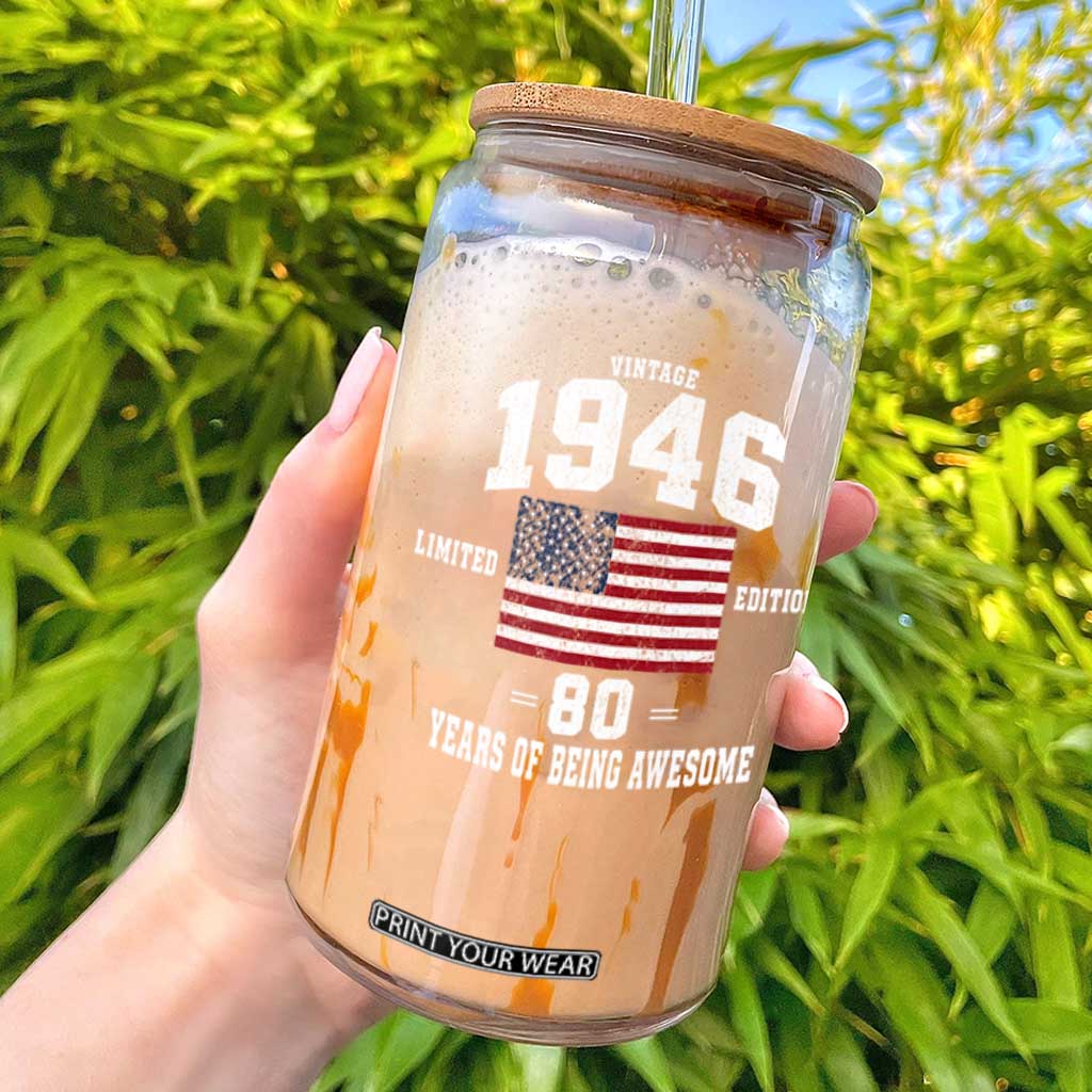 80th Birthday Glass Can Vintage 1946 Limited Edition 80 Years Of Being Awesome USA Flag