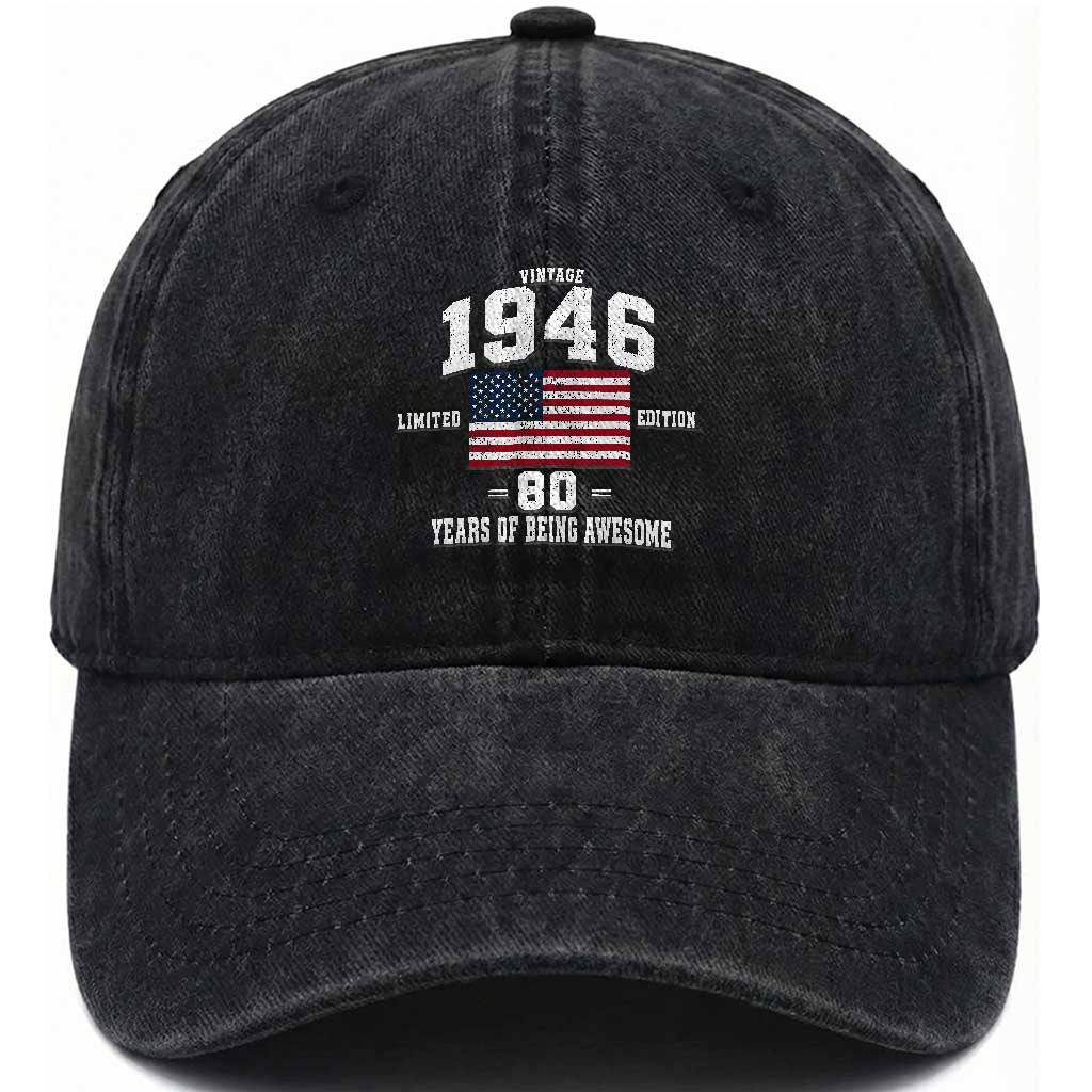 80th Birthday Washed Cotton Baseball Cap Vintage 1946 Limited Edition 80 Years Of Being Awesome USA Flag