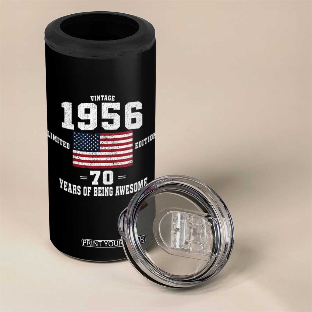 70th Birthday 4 in 1 Can Cooler Tumbler Vintage 1956 Limited Edition 70 Years Of Being Awesome USA Flag