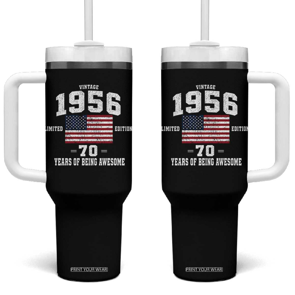 70th Birthday Tumbler With Handle Vintage 1956 Limited Edition 70 Years Of Being Awesome USA Flag