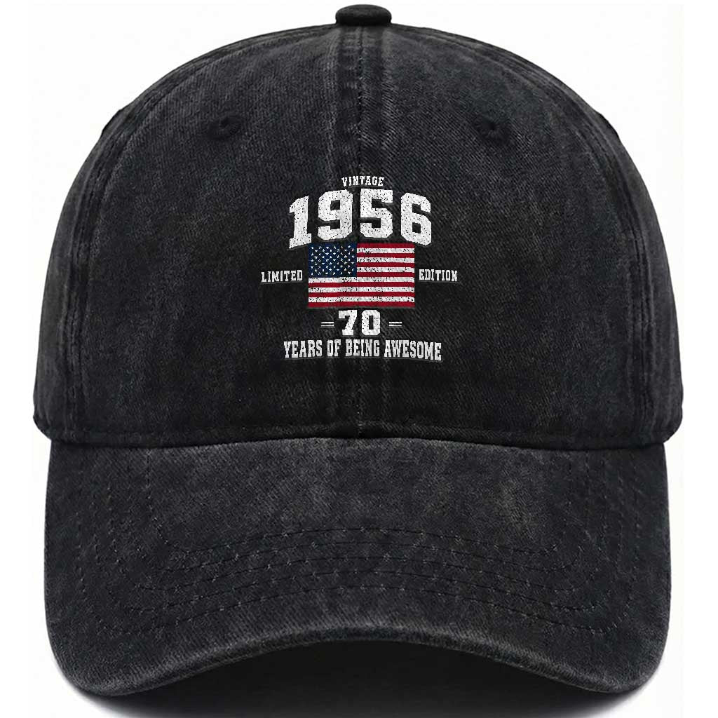 70th Birthday Washed Cotton Baseball Cap Vintage 1956 Limited Edition 70 Years Of Being Awesome USA Flag TS11 Print Your Wear