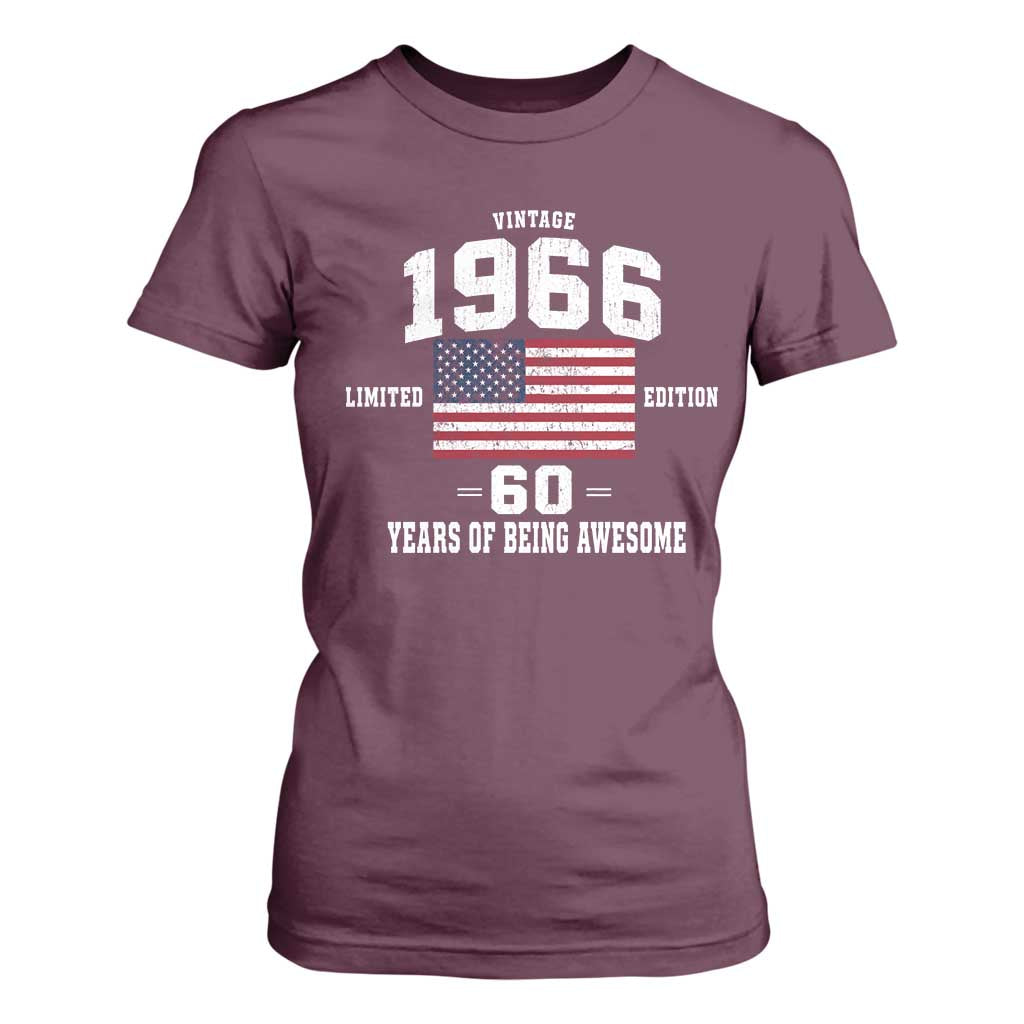 60th Birthday T Shirt For Women Vintage 1966 Limited Edition 60 Years Of Being Awesome USA Flag