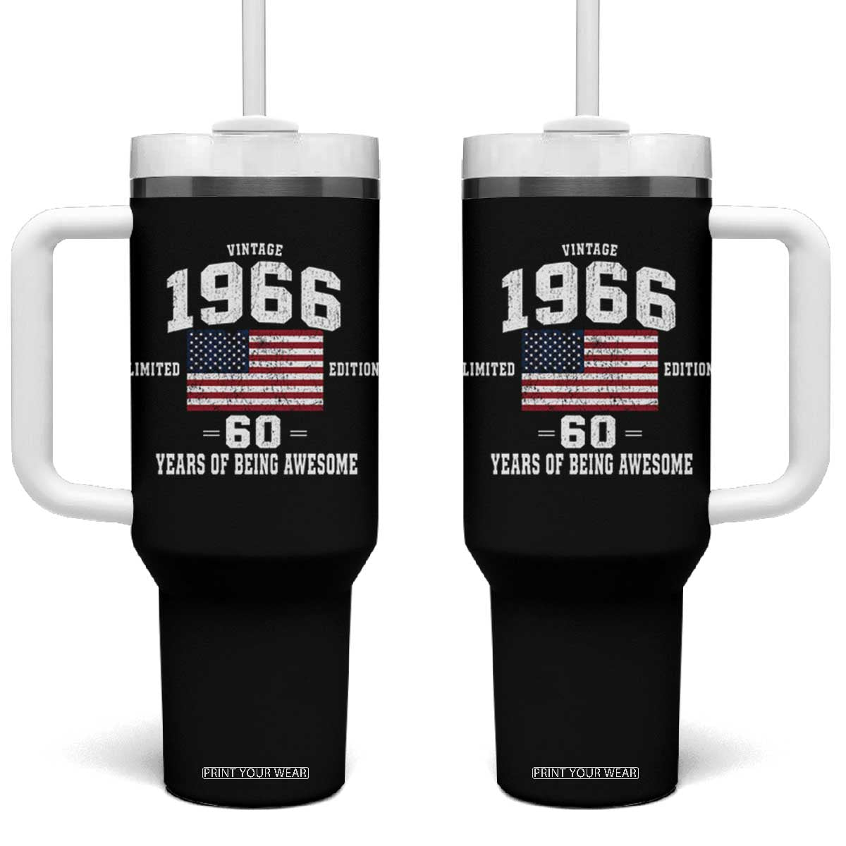 60th Birthday Tumbler With Handle Vintage 1966 Limited Edition 60 Years Of Being Awesome USA Flag
