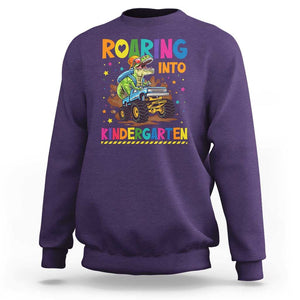 Roaring Into Kindergarten Sweatshirt Back to School Dinosaur T-Rex Monster Truck TS11 Purple Print Your Wear