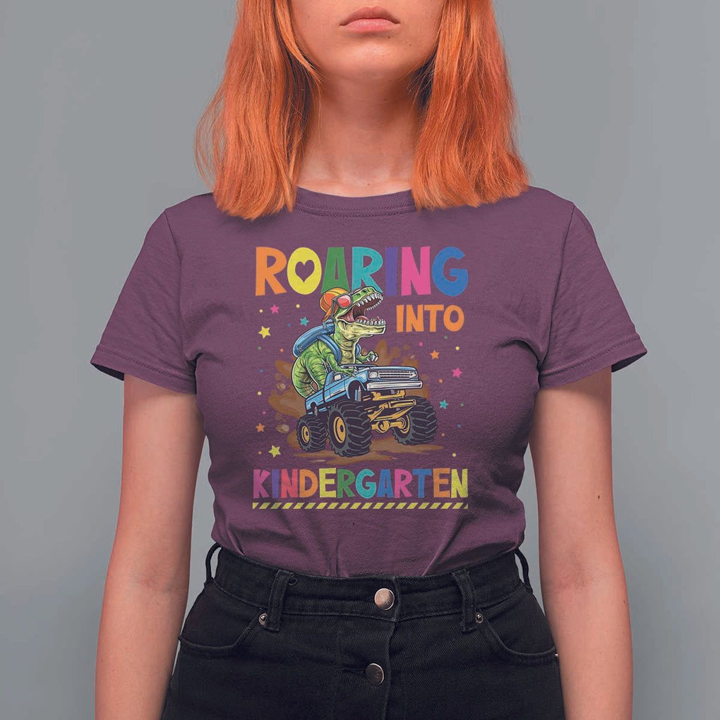 Roaring Into Kindergarten T Shirt For Women Back to School Dinosaur T-Rex Monster Truck TS11 Maroon Print Your Wear