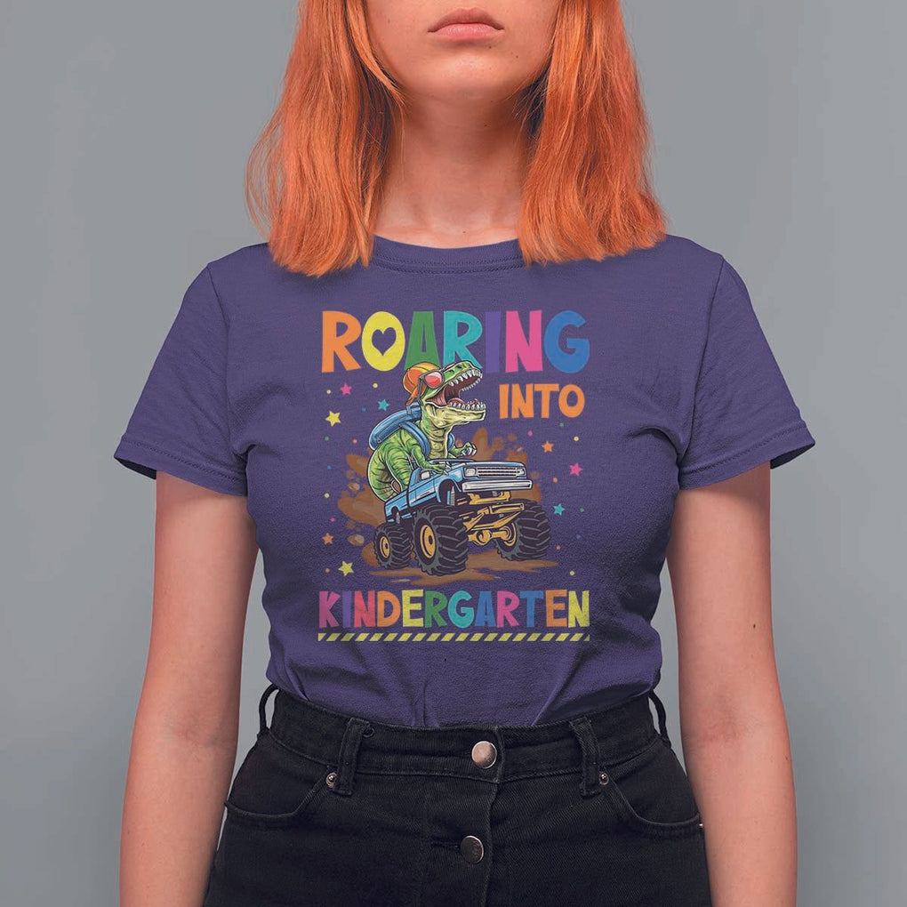 Roaring Into Kindergarten T Shirt For Women Back to School Dinosaur T-Rex Monster Truck TS11 Purple Print Your Wear