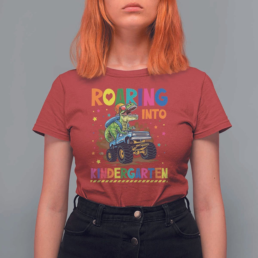 Roaring Into Kindergarten T Shirt For Women Back to School Dinosaur T-Rex Monster Truck TS11 Red Print Your Wear