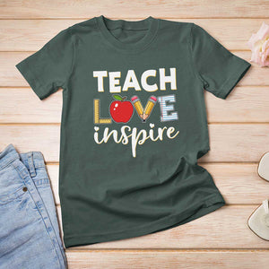 Inspirational Teacher T Shirt For Women Teach Love Inspire Apple Pencil Ruler TS11 Dark Forest Green Print Your Wear